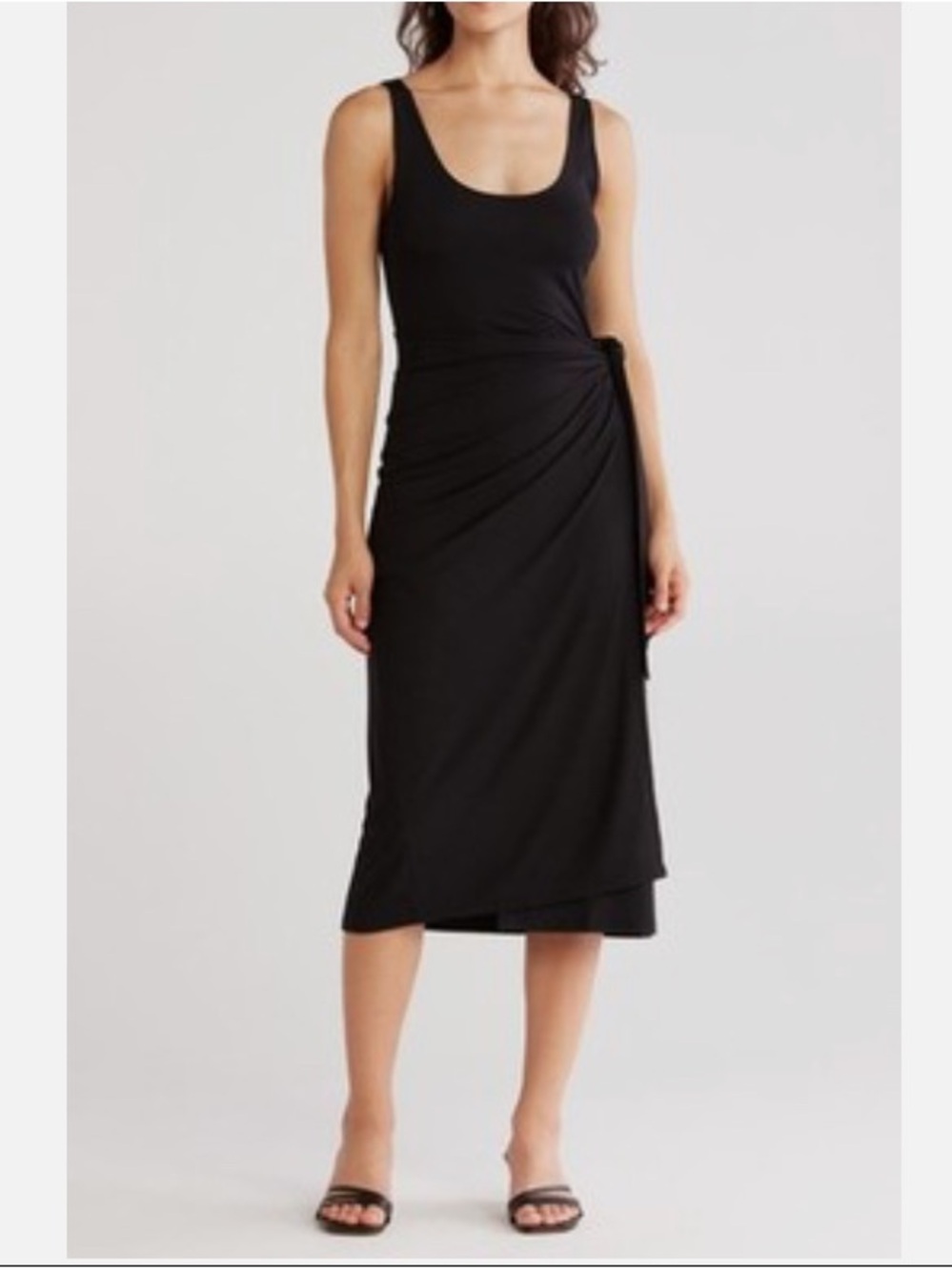 Vince Black Ruched Tie Waist Midi Dress Sleeveless Stretch Knit S